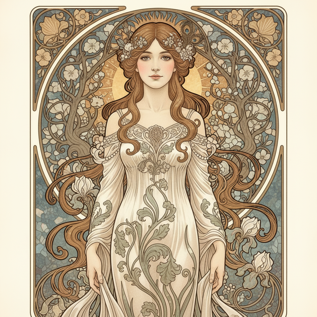 Generate a front facing young women in the art nouveau style