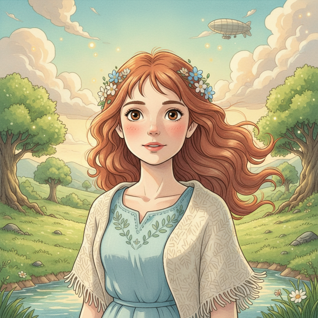 Generate a front facing young women in the style of Studio Ghibli